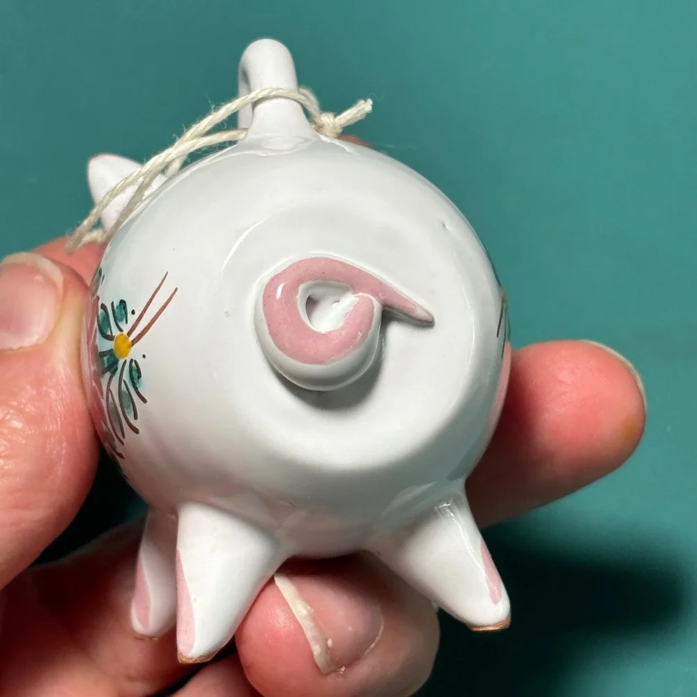 Vintage White Hand Painted Floral Ceramic Pig Hanging Ornament Figurine
